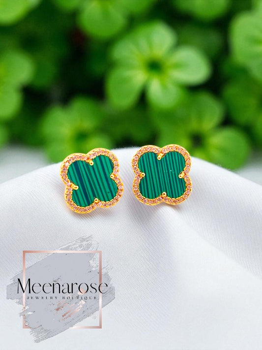 Green Clover Studs With Zircon Earrings